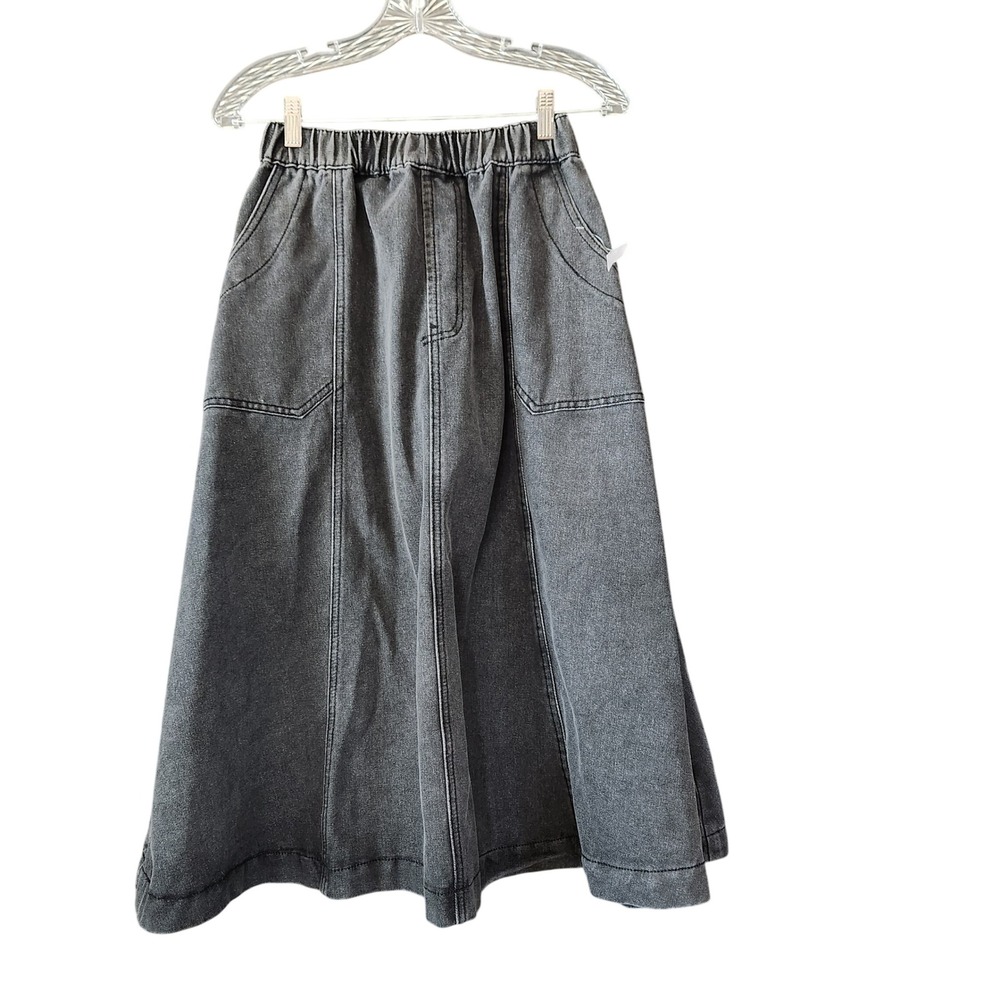 FRIFUL Denim Midi Maxi Skirt Elastic Waist A-Line Patch Pockets Small NEW